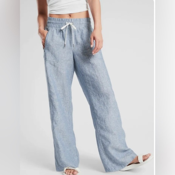 Athleta Pants - Athleta Cabo Linen Wide Leg Pants In Chambray Blue Drawstring Waist Gently Used